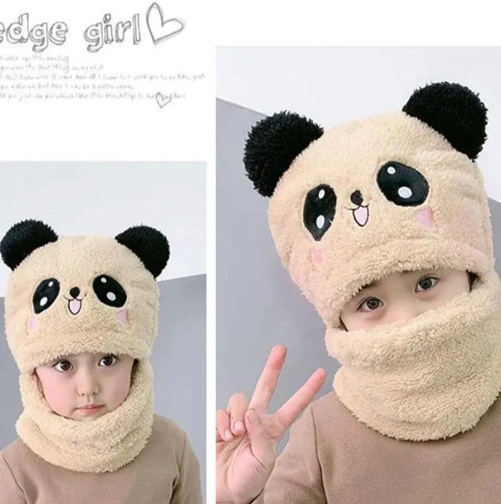 Girls Boys Winter Hat scarf One Piece Cute Warm Ear and neck Protection Winter Warm Fleece Cute Cartoon Panda Hats Windproof
